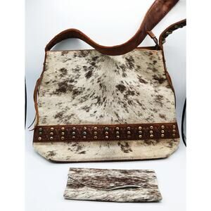 Hair on Leather Shoulder Fringed Tote Bag w/wallet